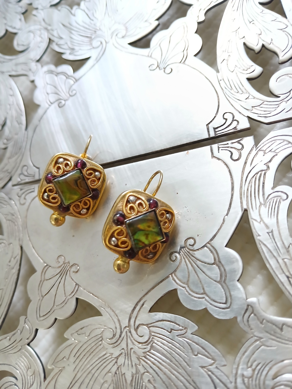 High End Designer natural abalone,gold on brass earrings,square,M Golan, gently